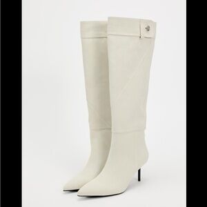 KNEE HIGH HEELED DENIM BOOTS